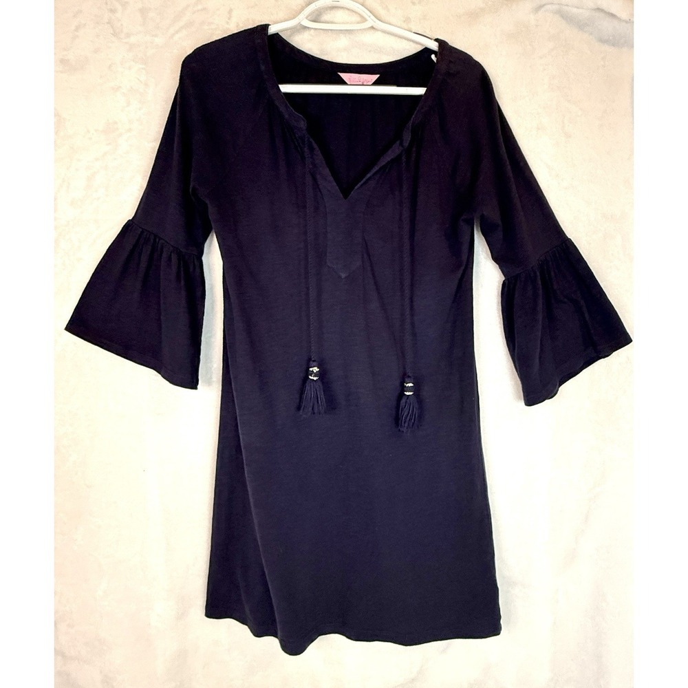 Lilly Pulitzer Del Lago Navy Tunic Dress XXS Tassel Bell Sleeve Boho Resort Chic